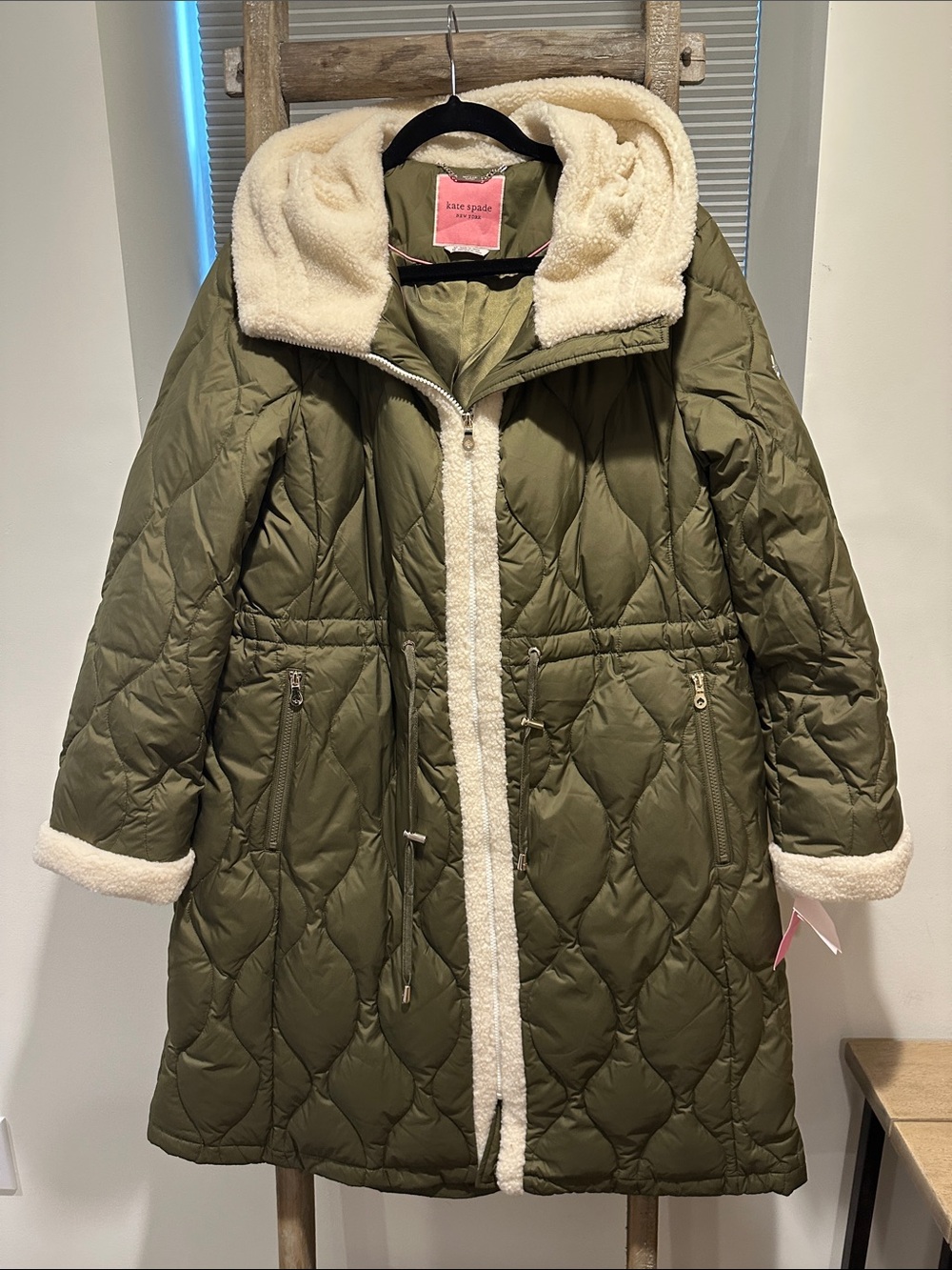 kate spade Olive Green Quilted Puffer Coat with Cream Sherpa Trim